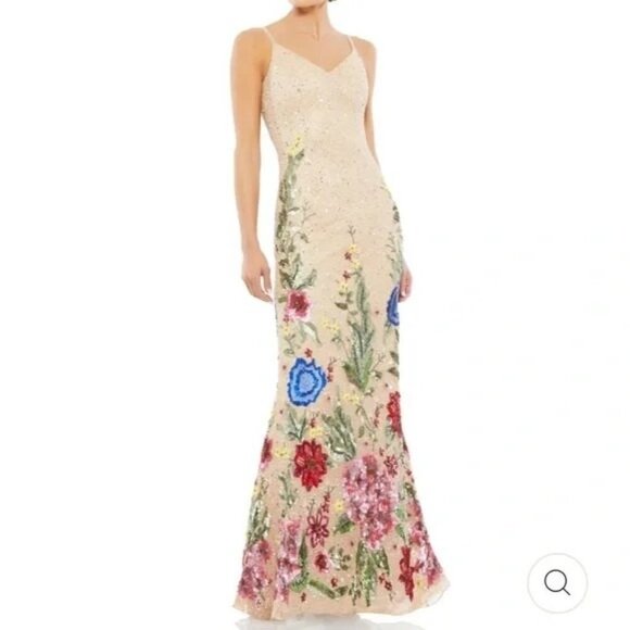 Mac Duggal 5475 Floral Embellished Spaghetti Strap Gown Size 0 NWT Nude Multi - Picture 2 of 12
